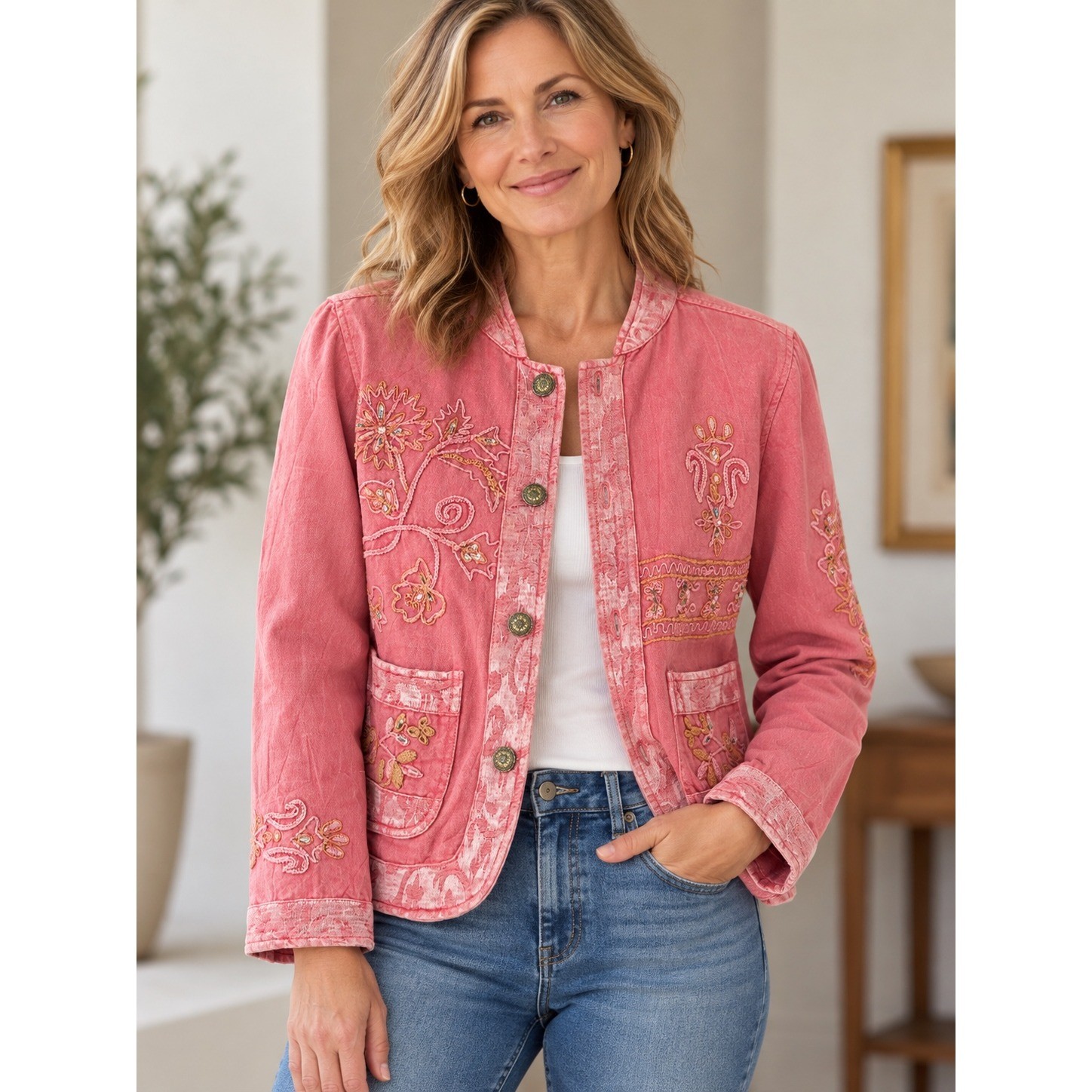 Flashback Vintage Pink Embroidered Beaded Floral Jacket Boho Art to Wear Medium