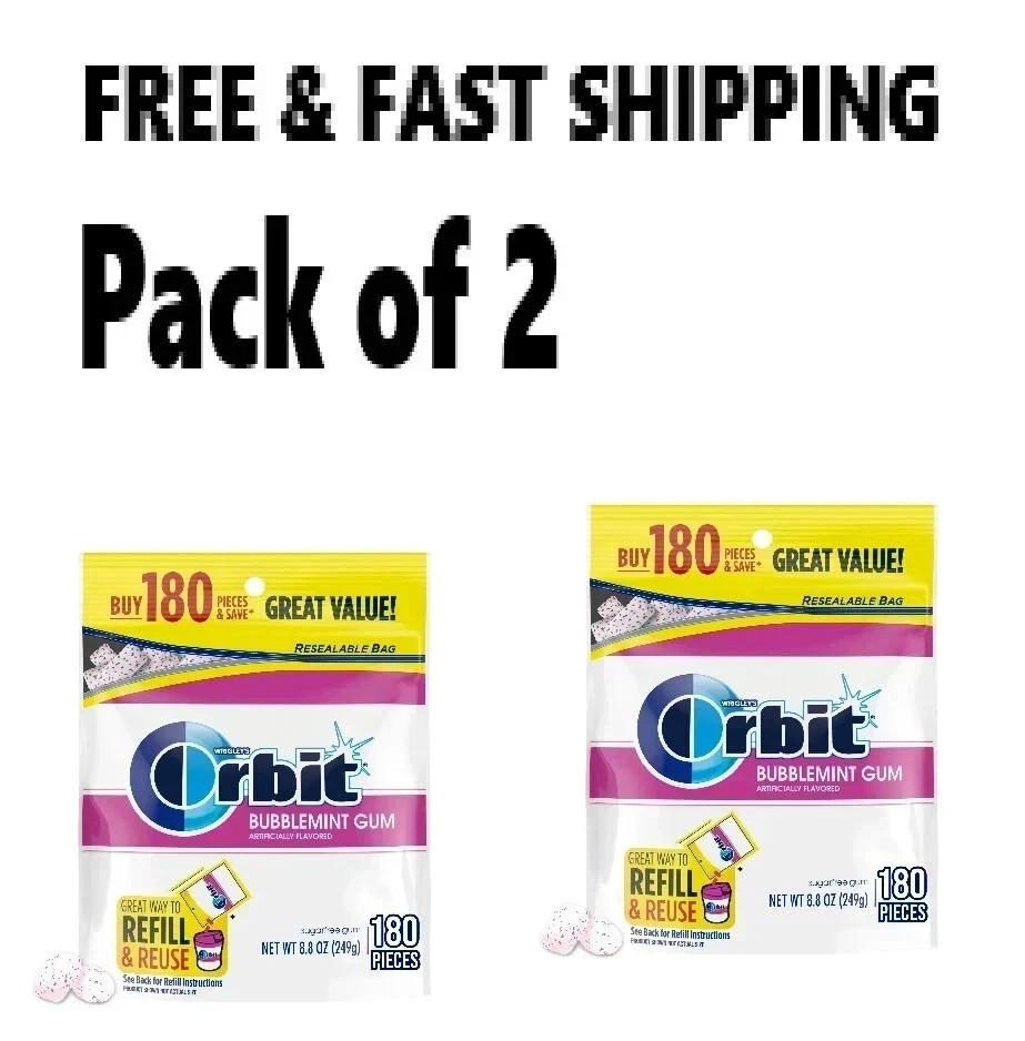 2 pack Orbit Bubblemint Sugar Free Chewing Gum, Value Pack - 180 Ct each bag 2 pack Orbit Bubblemint Sugar Free Chewing Gum, Value Pack - 180 Ct each bag