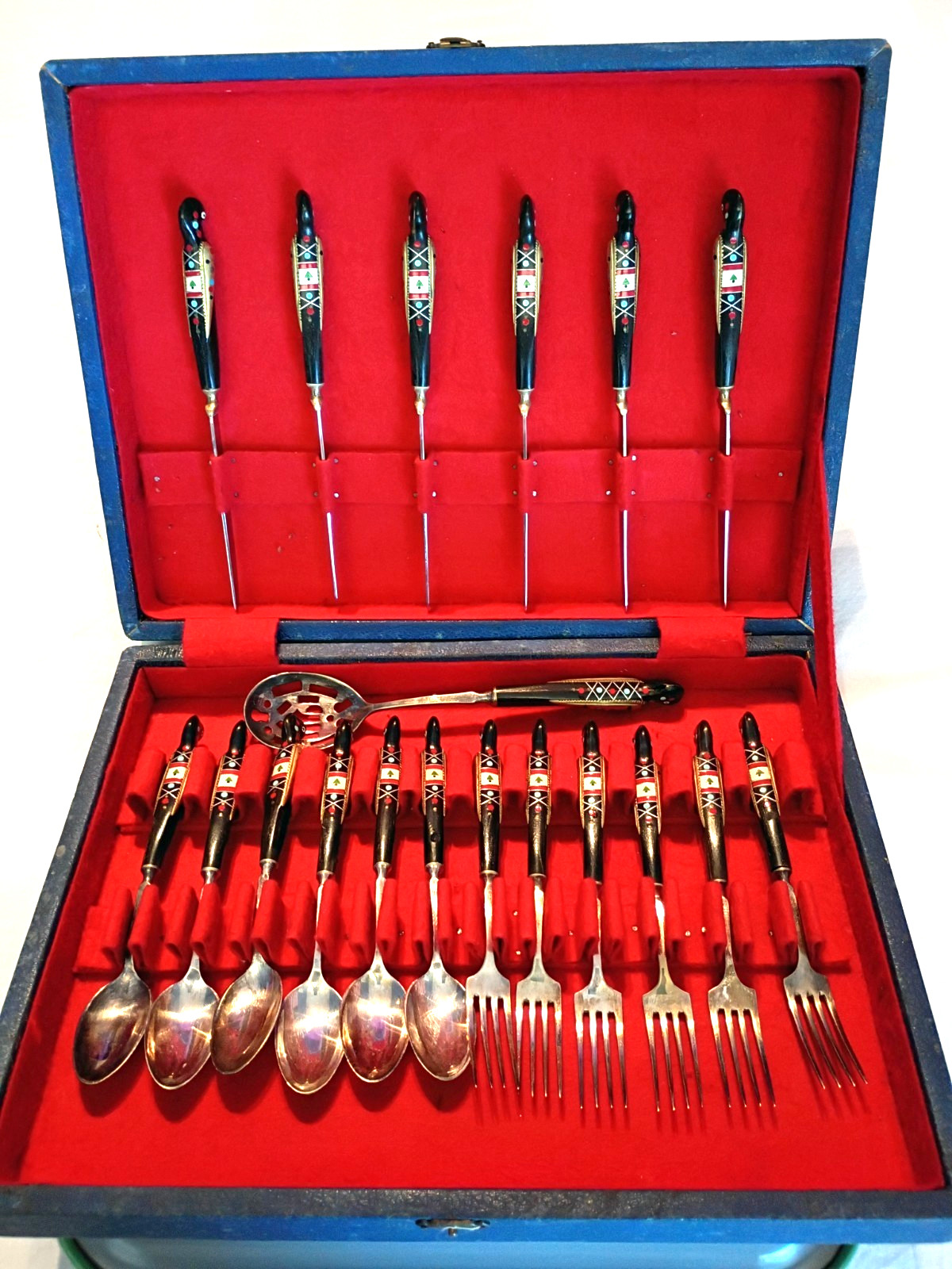 Vintage Lebanon Jezzine Carved Birds Silverware Set Original Case Mid Century