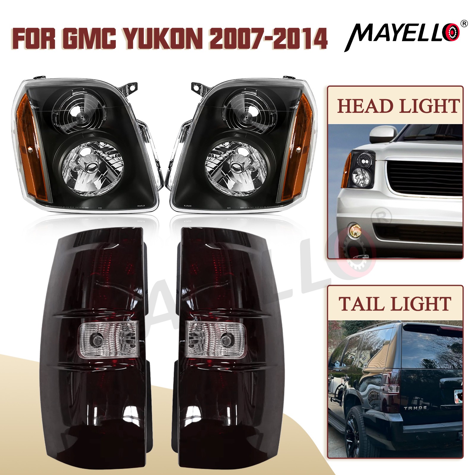 4PCS For 2007-2014 GMC Yukon XL1500 2500 Black Headlights+Smoked Red Tail Lights