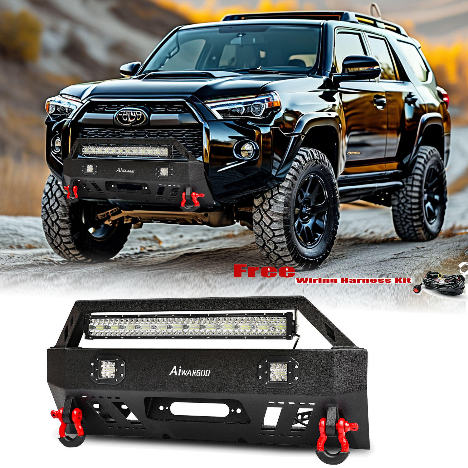 For 2010-2023 Toyota 4runner Front Bumper W/Winch Plate & Lights & Red D-Rings