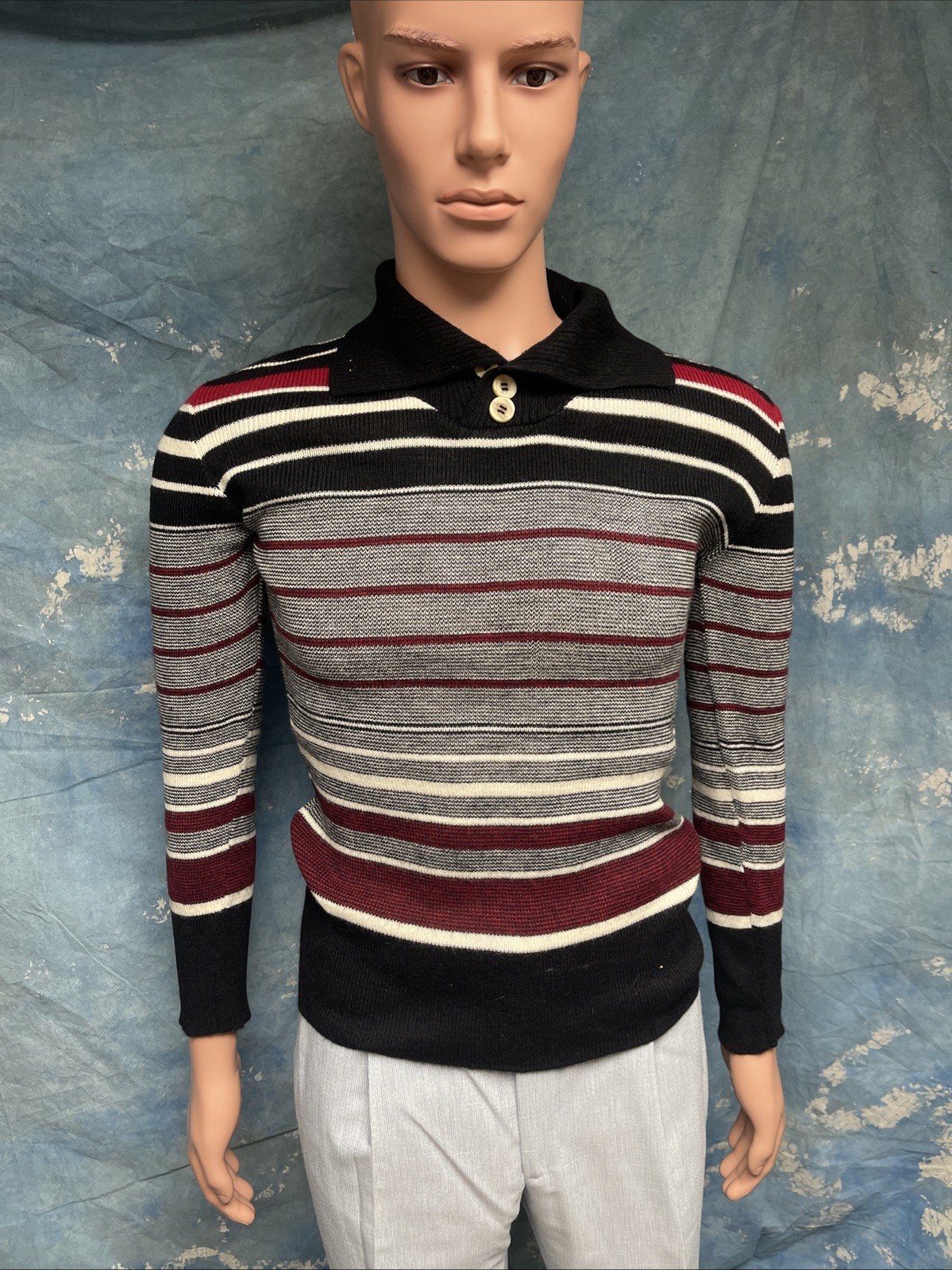 Vintage 1970s 80s Men’s Acrylic Bellini Sweater Collared Striped S Vintage 1970s 80s Men’s Acrylic Bellini Sweater Collared Striped S