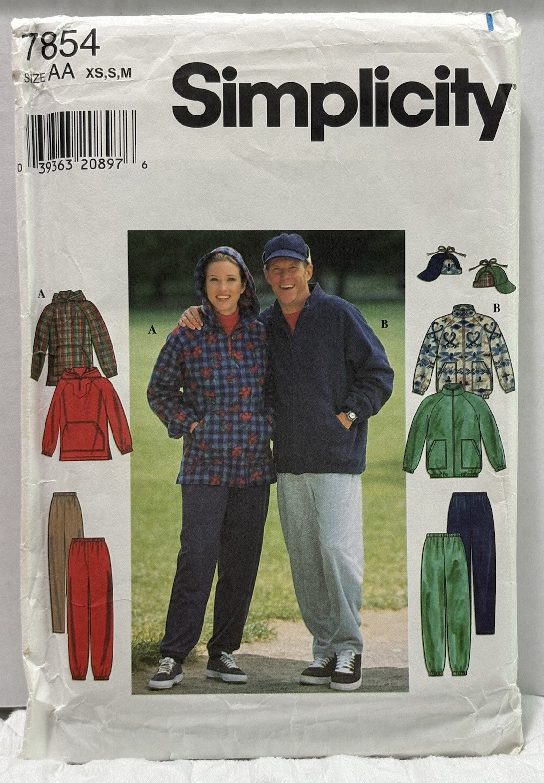 Simplicity 7854 Size XS-M Misses, Men’s And Teens Jacket, Top, Pants And Hat