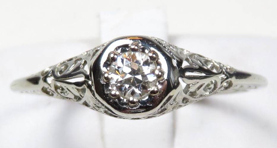 Antique Art Deco 18KW Diamond Engagement Filigree Ring Size 5.25 EGL USA
