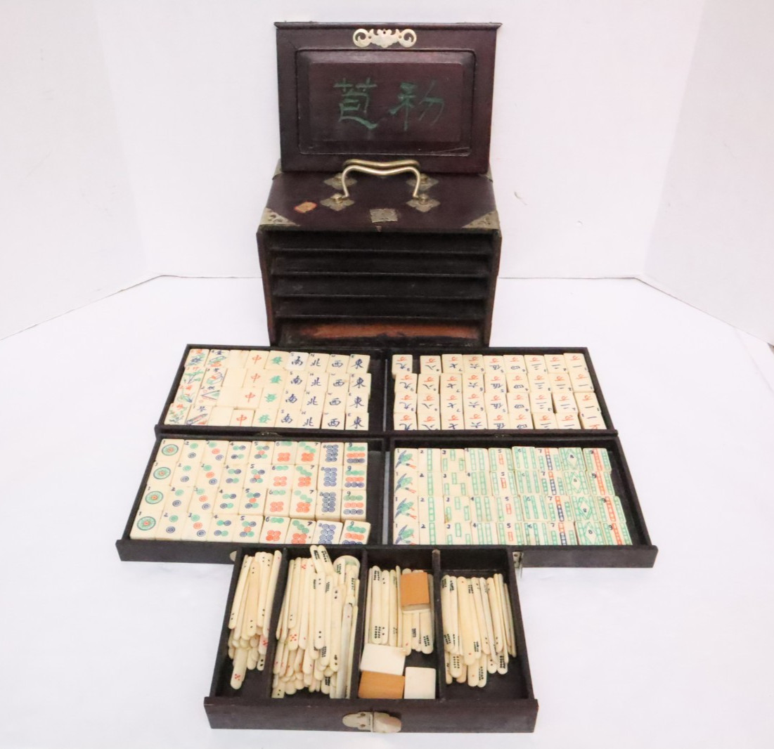 ATQ MAH JONGG SET BONE BAMBOO RARE HAND Carved mahjong THICK TILES Wood Case__