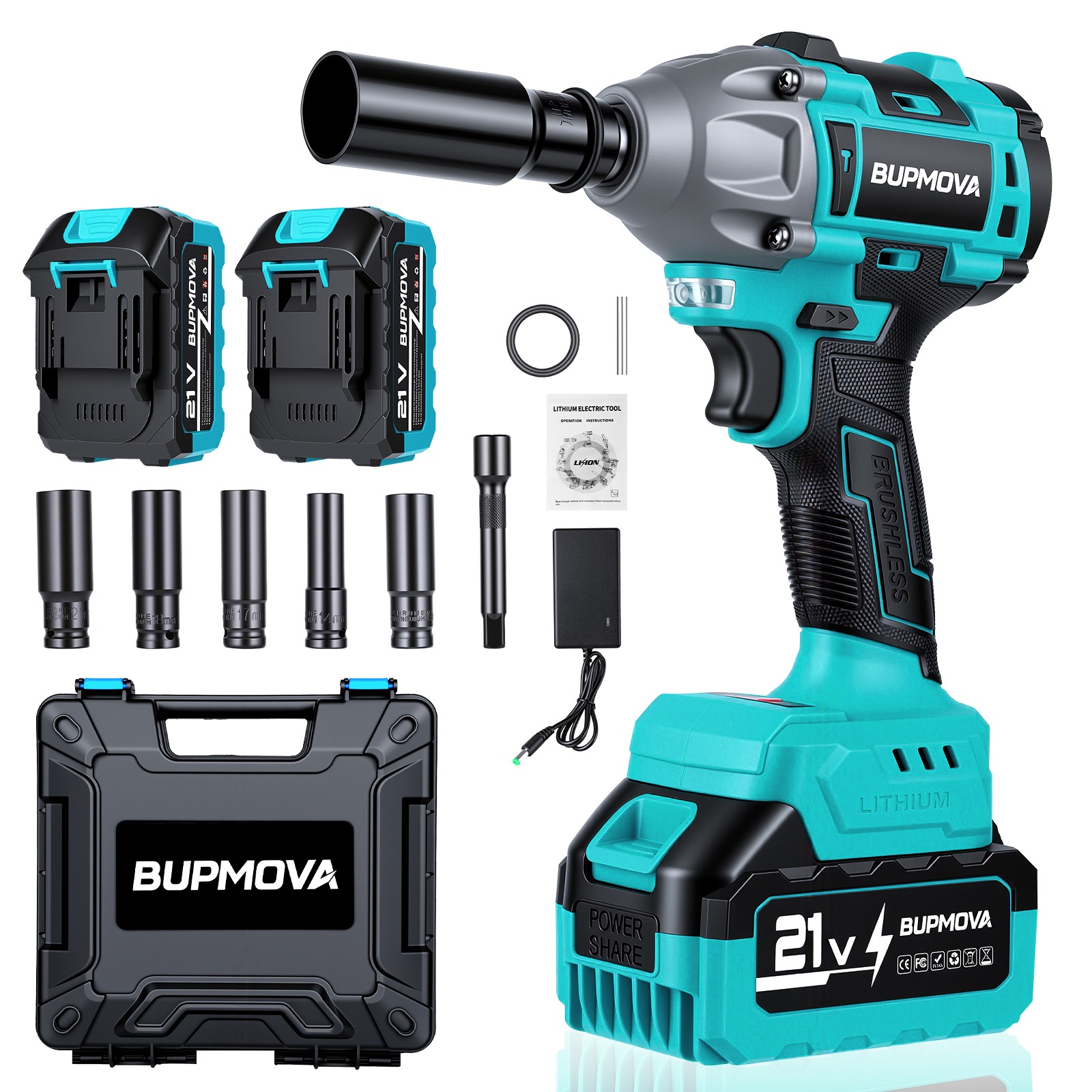 21V Cordless Impact Wrench Kit with 2 Batteries & Charger Brushless Motor