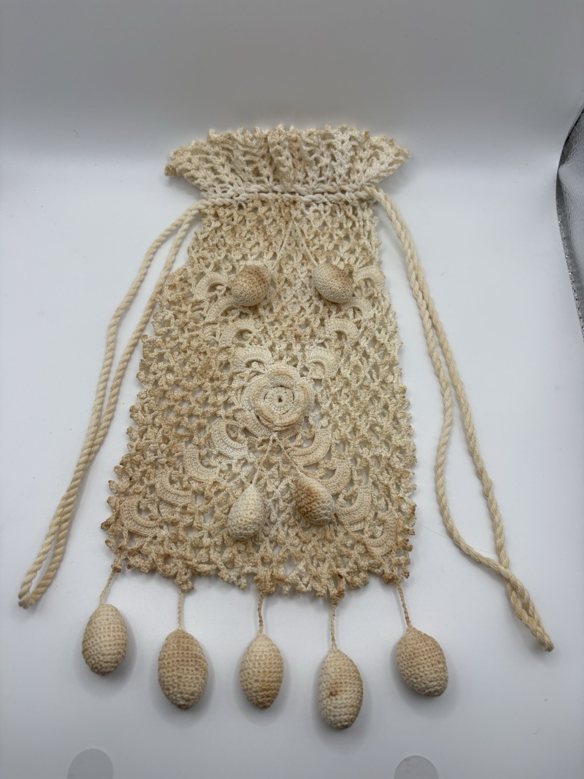 Unique Antique early 1900s Irish Crochet Reticule cotton drawstring purse.
