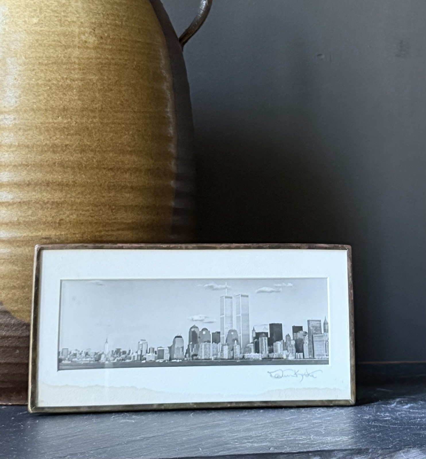 David Korte Signed Photo Lower Manhattan NY Skyline Twin Towers WTC Framed 1999