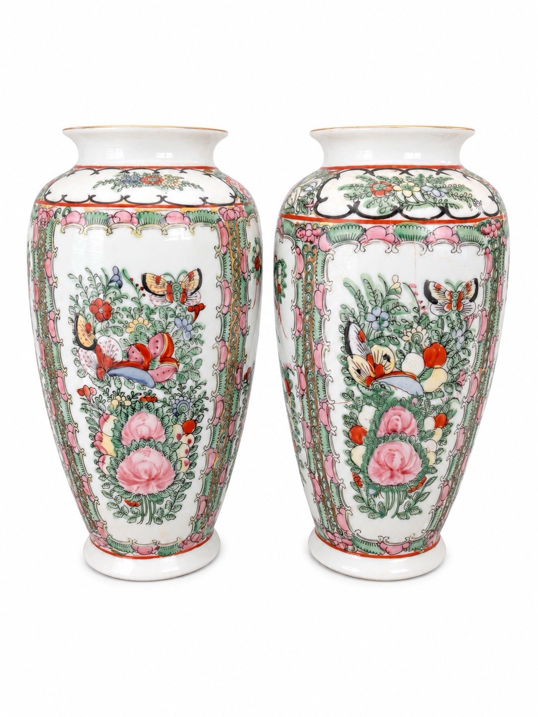 Vintage Pair Chinese Export Famille Rose Enameled Vases Butterfly Flowers 9.75” Vintage Pair Chinese Export Famille Rose Enameled Vases Butterfly Flowers 9.75”