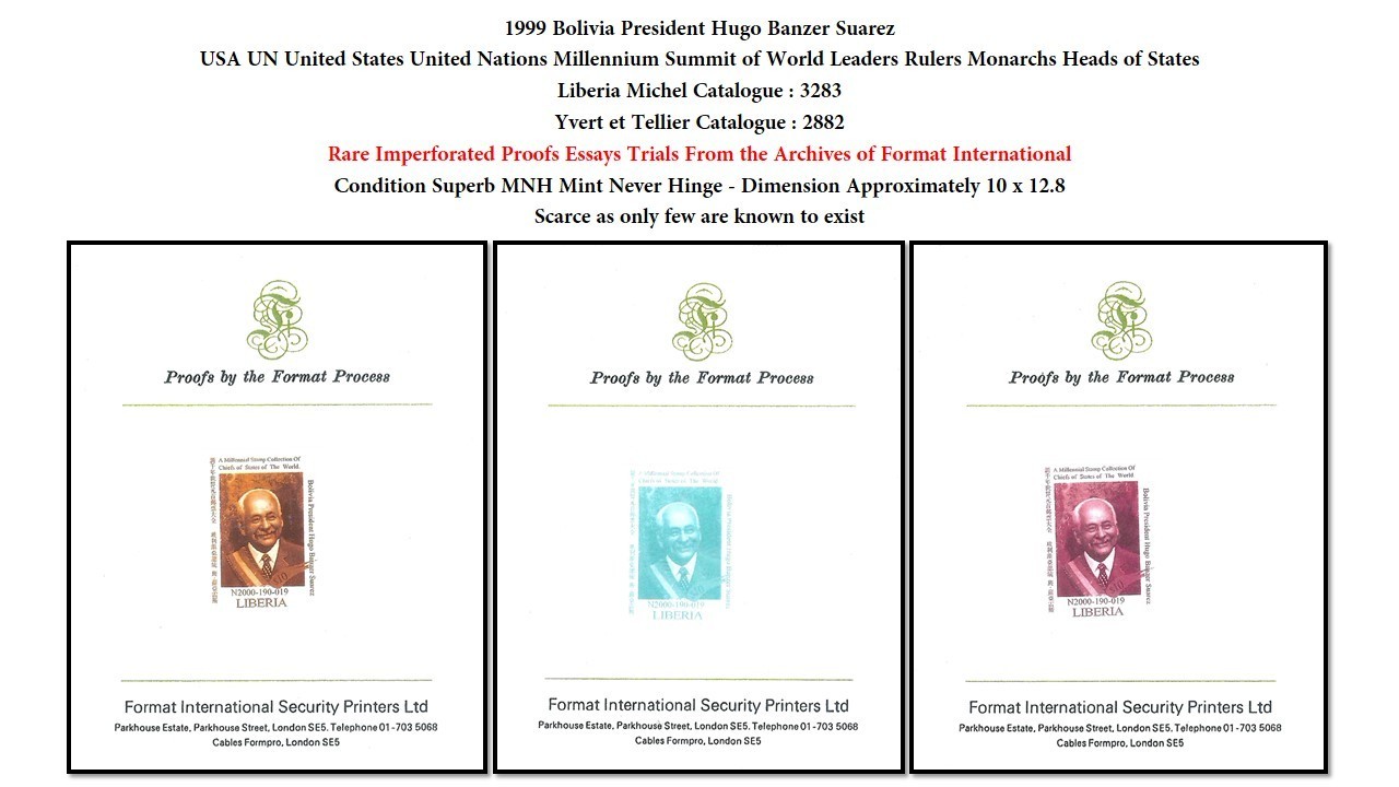 1999 USA UN Bolivia President Hugo Banzer Suarez - Rare Imperf Proof MNH