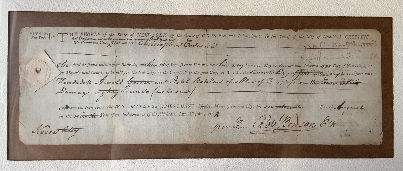 Post-colonial 1784 New York City ARREST WARRANT James Duane Mayor Framed