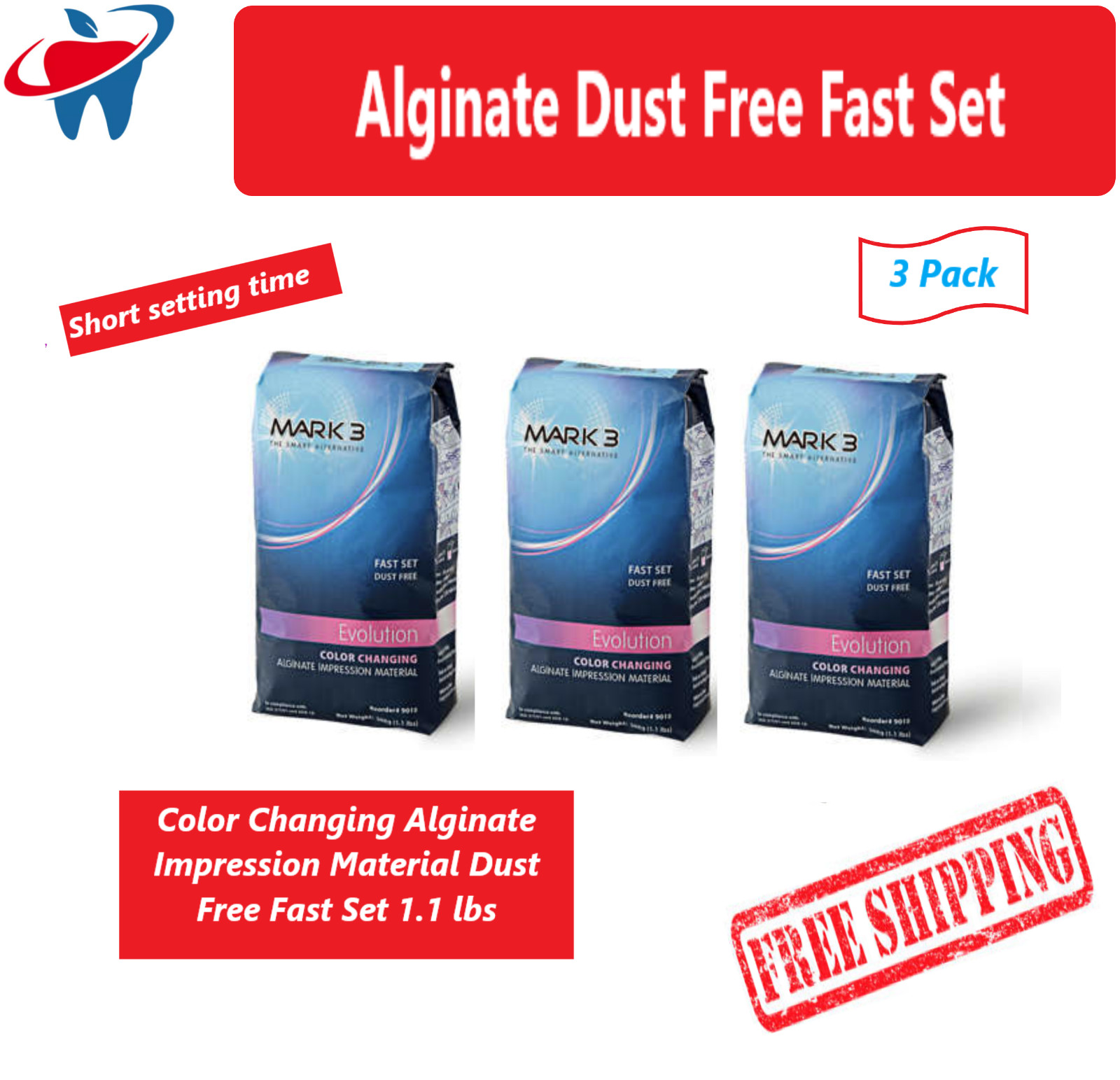 Color Changing Alginate Dust Free Fast Set 1.1 lbs. - 3 x Pack Dental VPS, MARK3