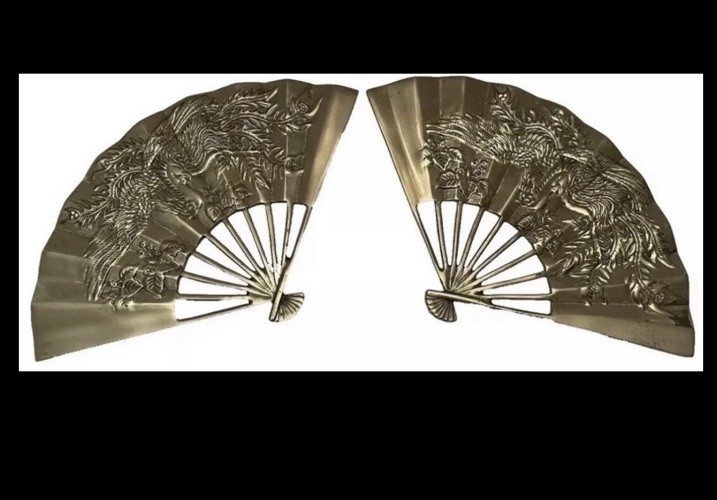 Nice Vintage PAIR Solid Brass Fan Raised Phoenix Dragon Hanging wall Art Nice Vintage PAIR Solid Brass Fan Raised Phoenix Dragon Hanging wall Art