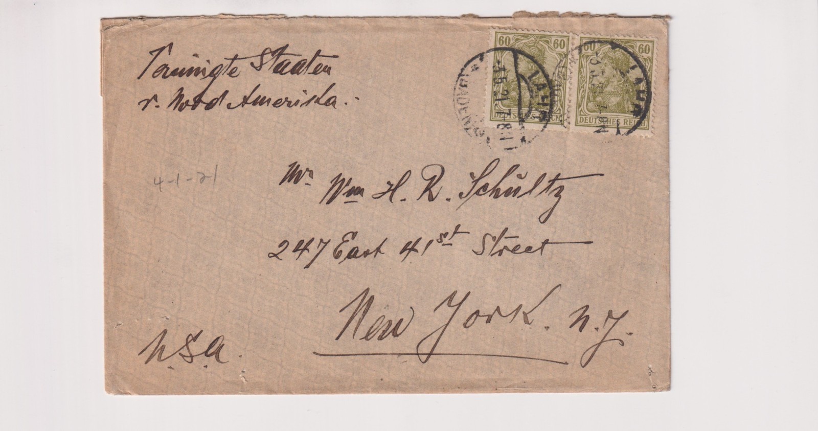 Germany 1921 Cover to New York USA Germania Pair Embossed Flap Seal Royal Mail