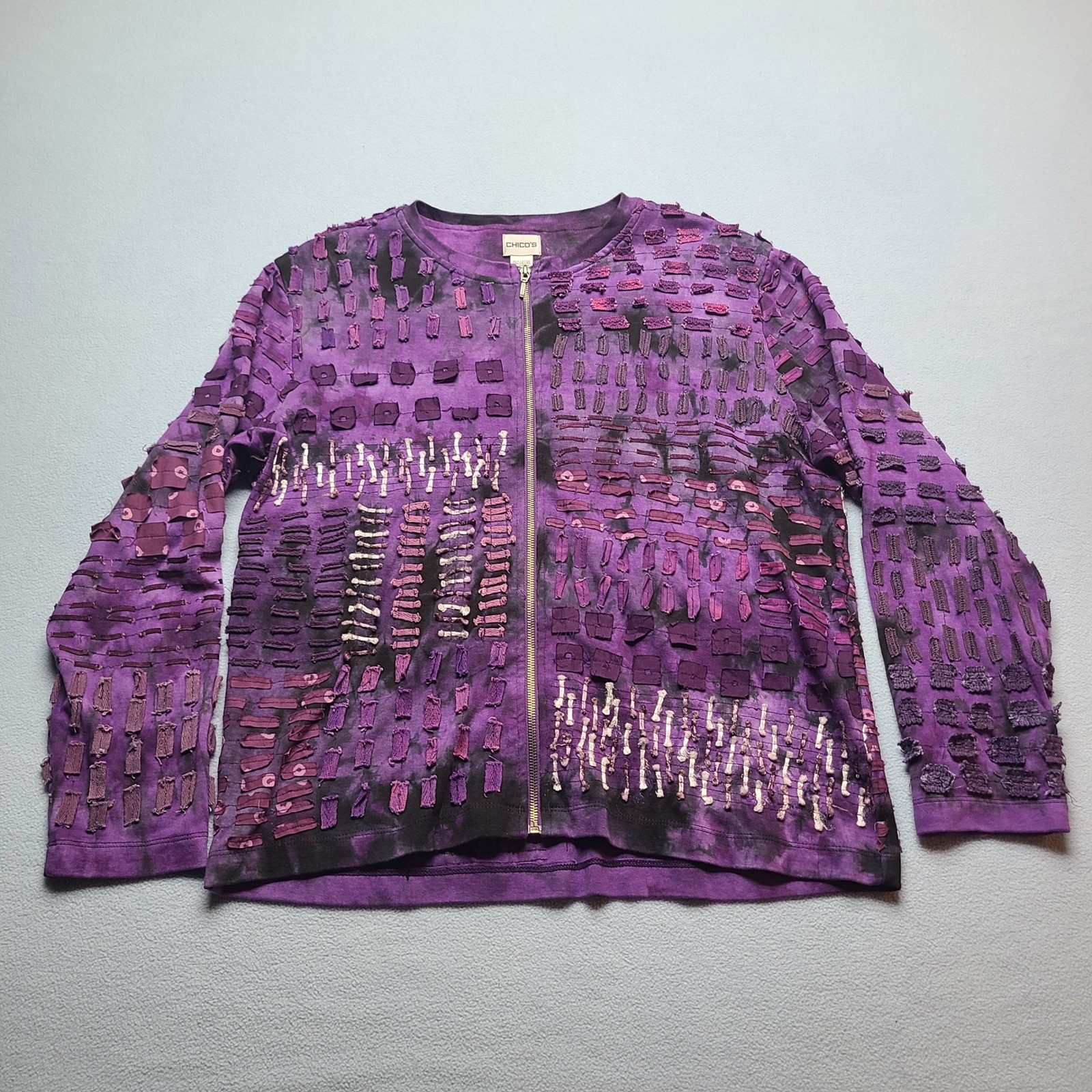 Chico\'s Full Zip Jacket Womens Size 2 Purple Excellent Tie Dye Ribbon Textured