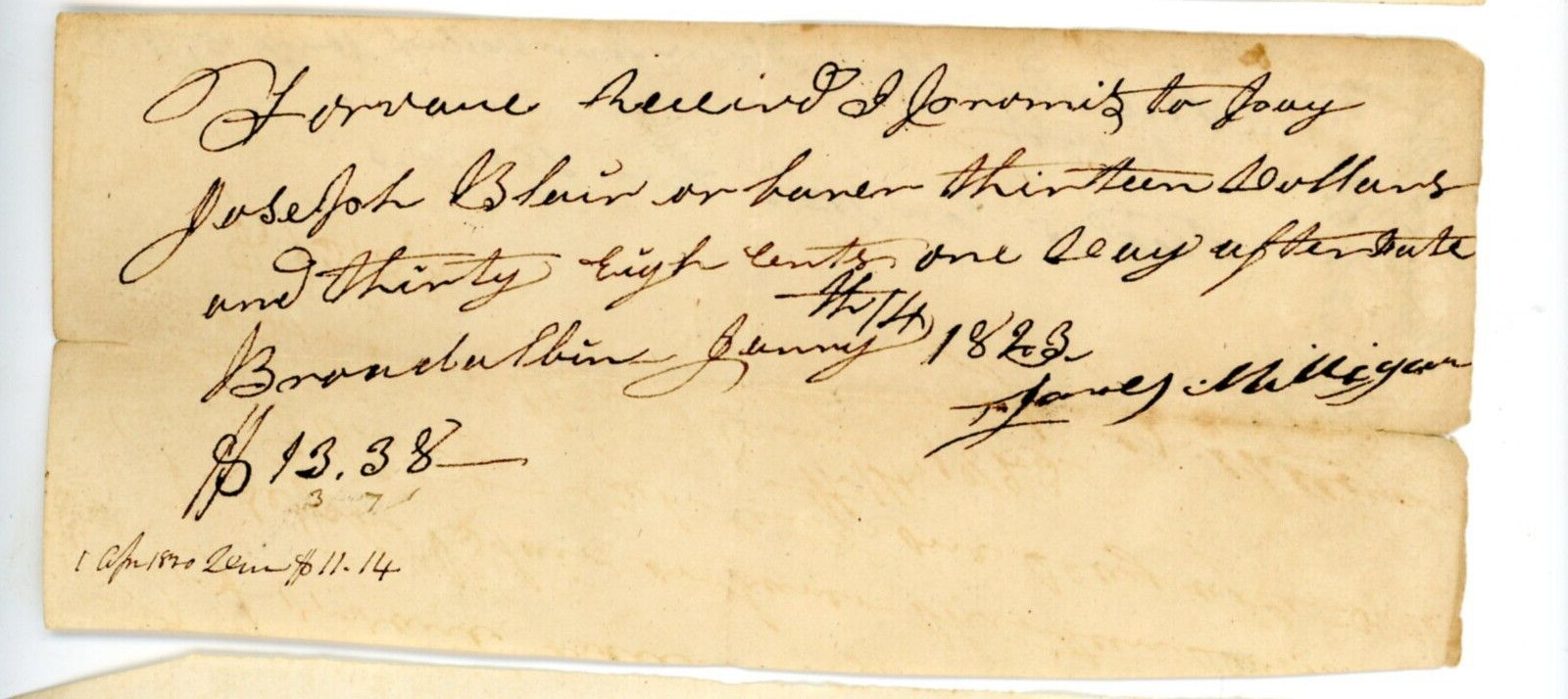 Signed Handwritten Antique Document receipt 1823 James Mulligan