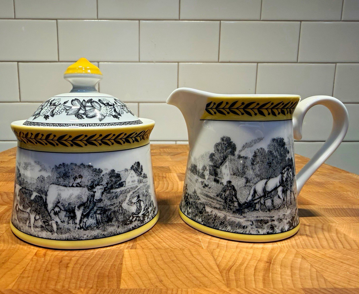 Villeroy & Boch Audun Ferme Porcelain Creamer & Sugar Bowl, White/Black/Yellow Villeroy & Boch Audun Ferme Porcelain Creamer & Sugar Bowl, White/Black/Yellow