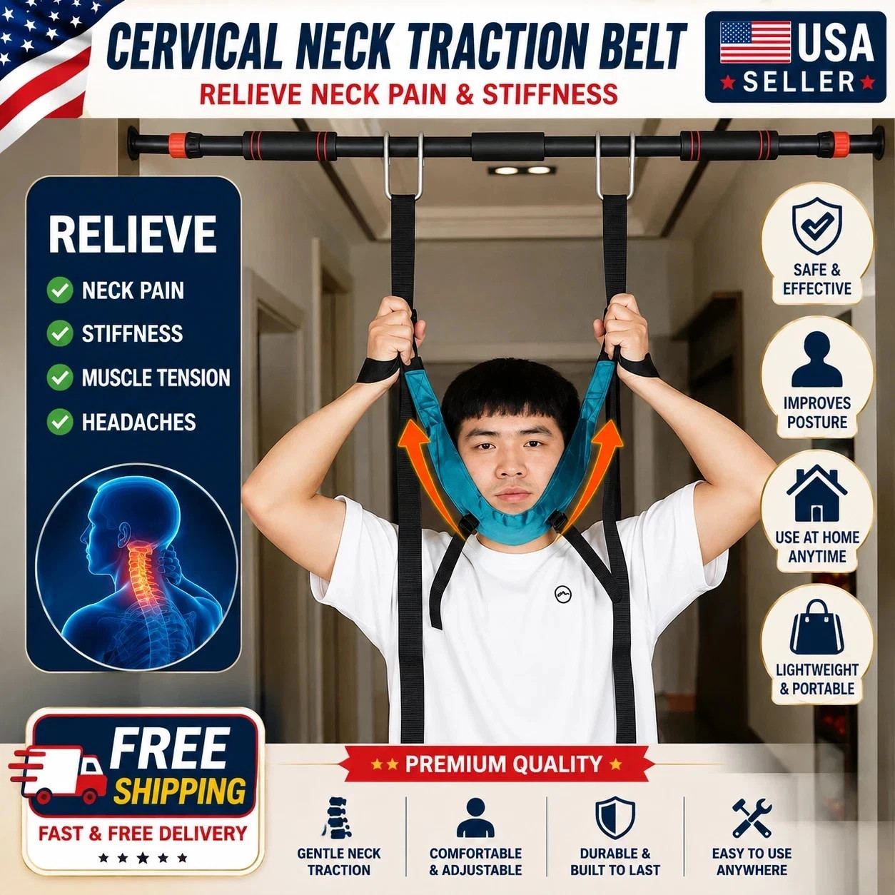 Hanging Neck Stretcher Cervical Traction Device Head Brace Support Pain Relief
