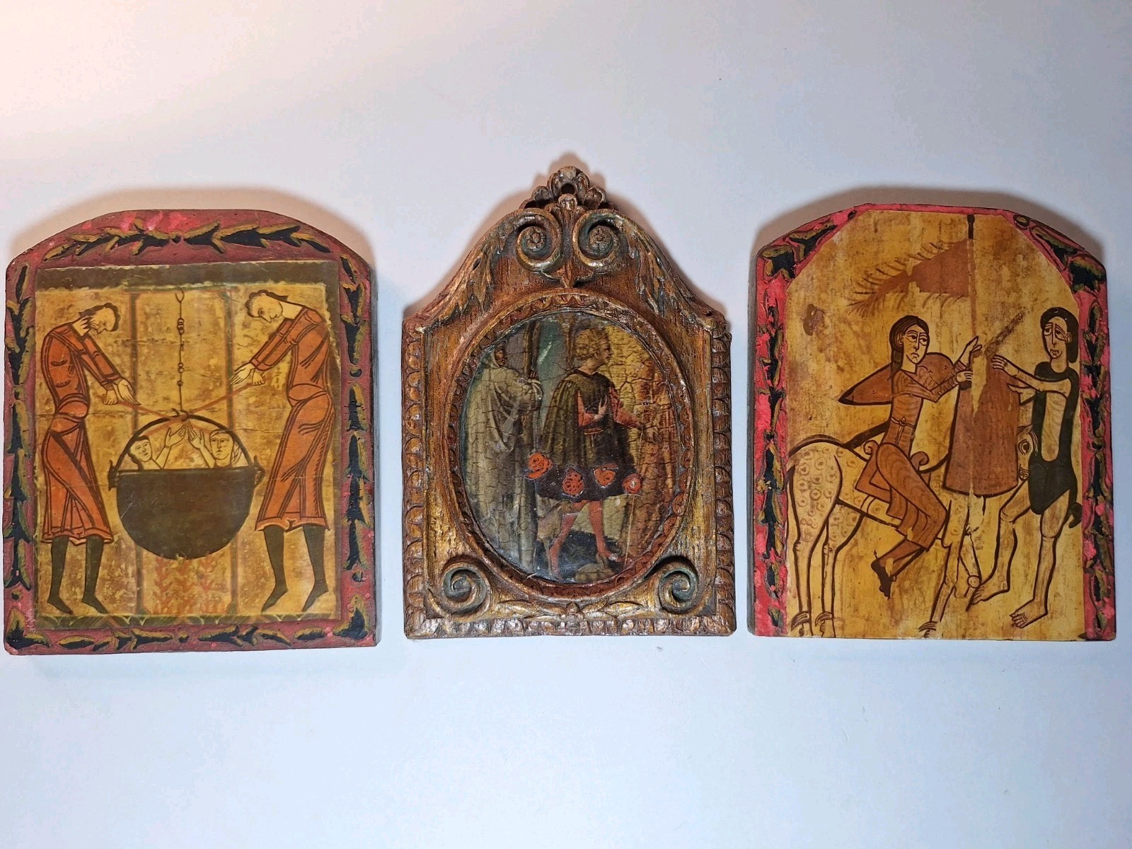 3 Vintage Style Painted Wood Folk Art Icons Religious Ethnic Wall Decor