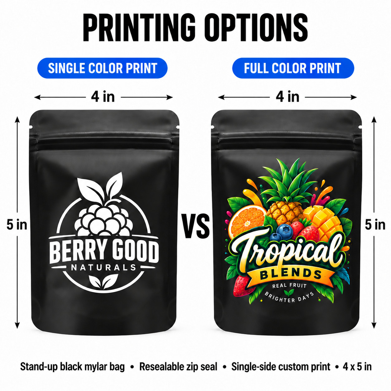 3.5g/28g Custom Printed Mylar Bags Stand Up Resealable Zip Pouches Black 100pcs