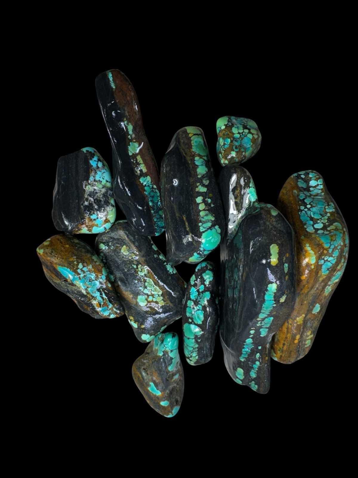 Stabilized Hubei turquoise. Poly Chrome spiderwebs One Pound MOREL LIKE RIBBONS