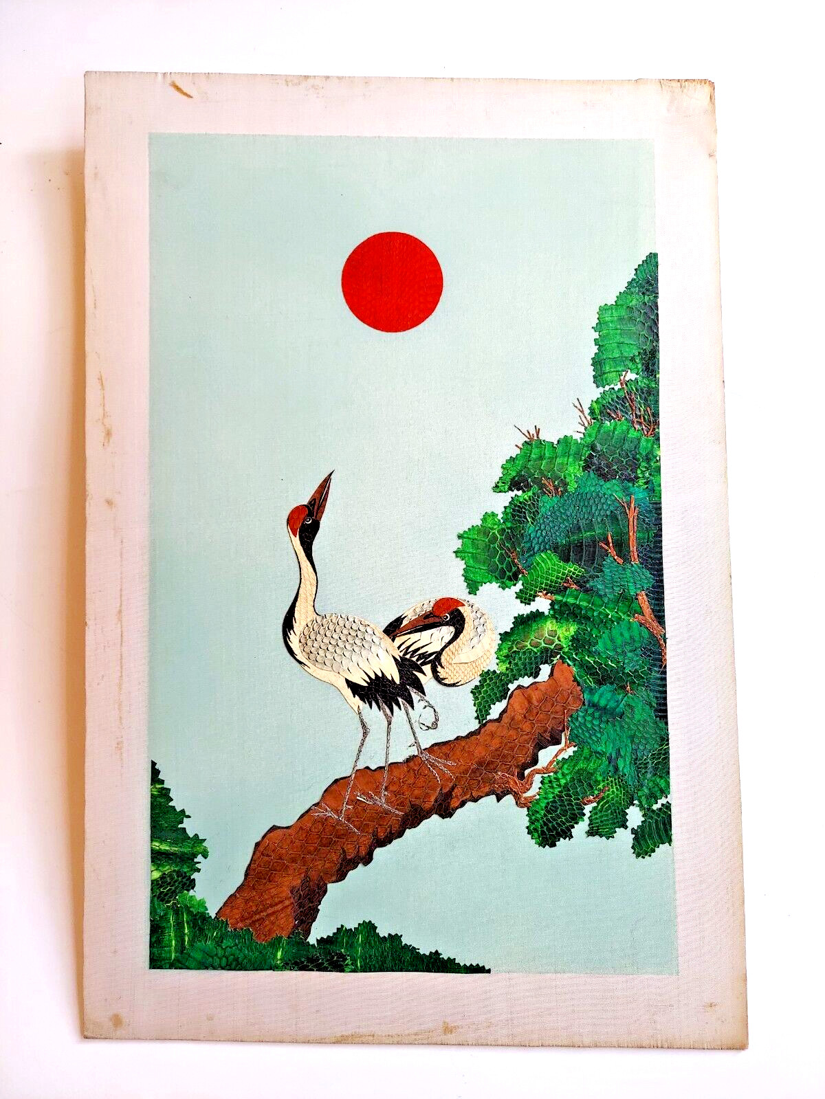 RARE Vintage dyed SNAKE SKIN on silk mosaic painting Chinese crane wall Art RARE Vintage dyed SNAKE SKIN on silk mosaic painting Chinese crane wall Art