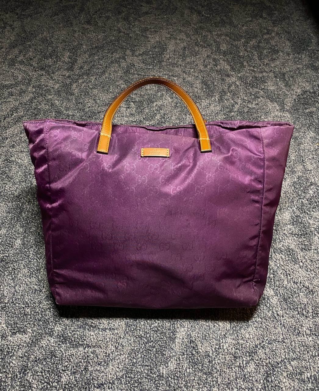 Gucci GG Monogram Nylon Tote Shoulder Bag Purple Brown Leather Handles 282439