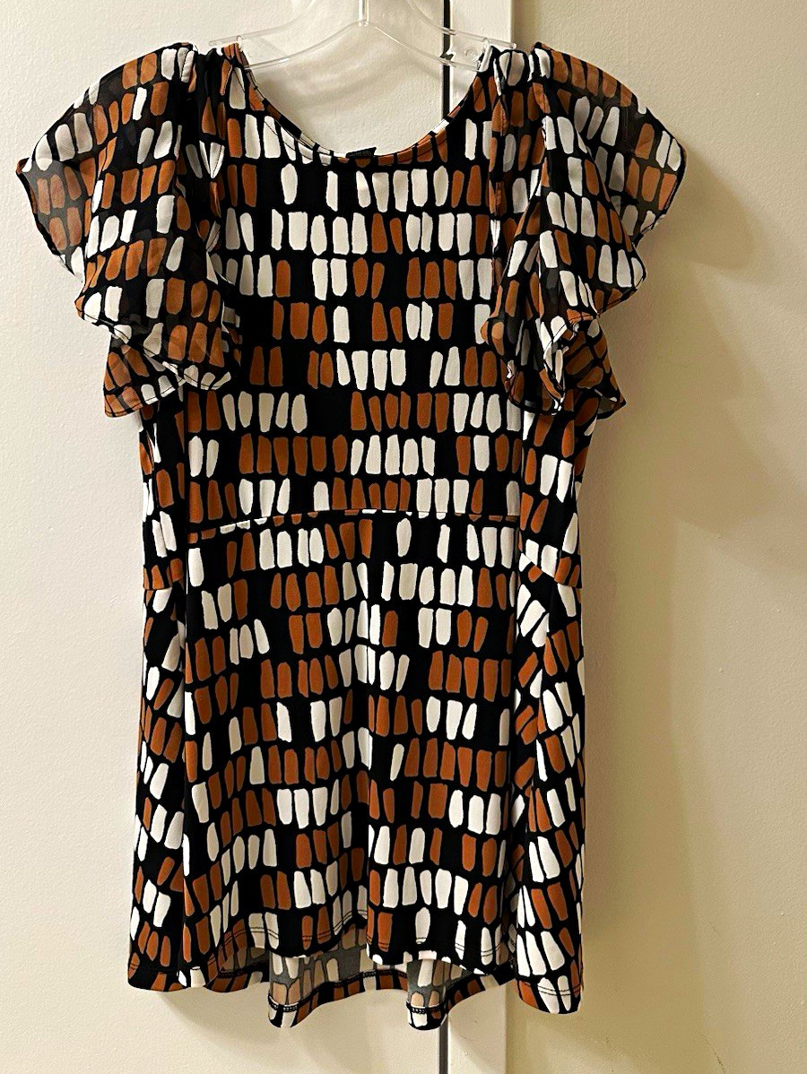 Alfani Women’s Black/White/Brown Geometric Knit Round Neck Ruffle Sleeve S Alfani Women’s Black/White/Brown Geometric Knit Round Neck Ruffle Sleeve S