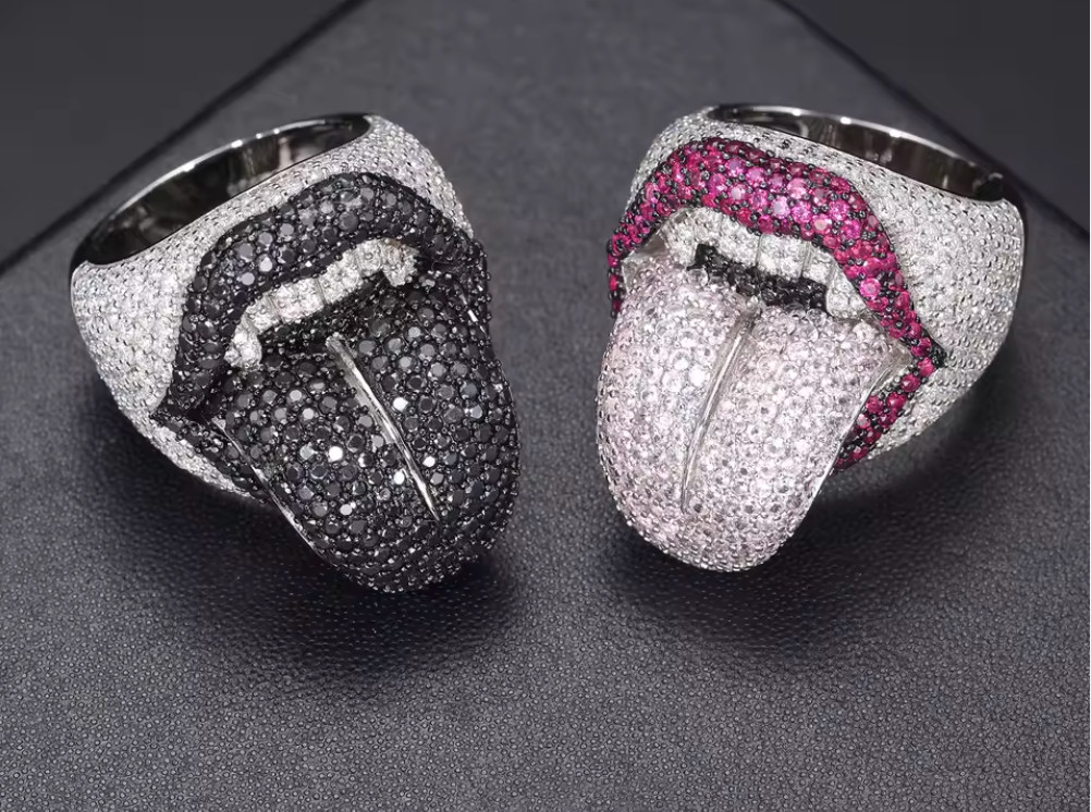 Lab Created Diamond Lick of Death Ring 925S Silver Iced Out Hip Hop Lip Ring Lab Created Diamond Lick of Death Ring 925S Silver Iced Out Hip Hop Lip Ring