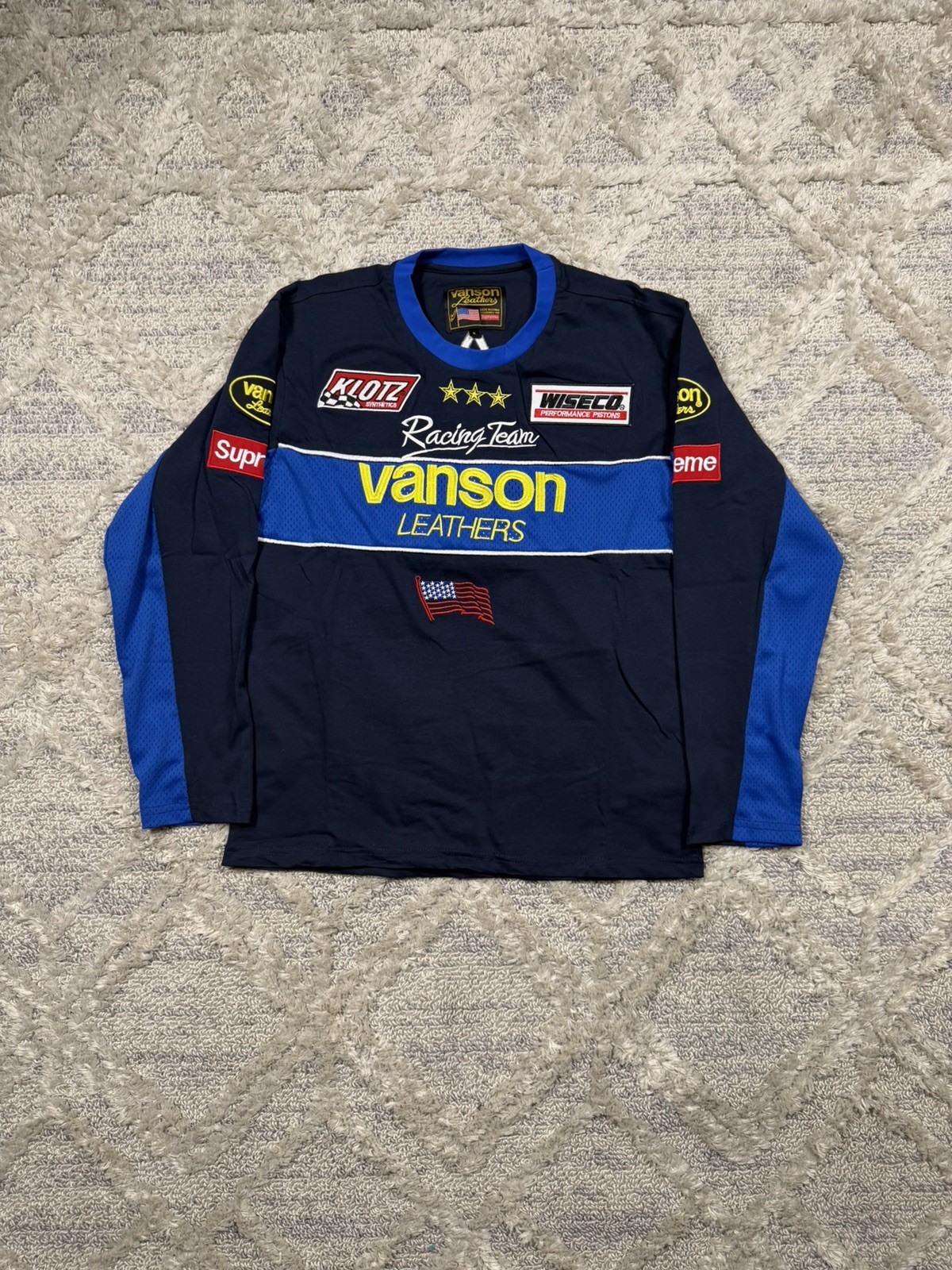 SUPREME VANSON LEATHER BLUE L/S TOP SIZE MEDIUM PREOWNED SUPREME VANSON LEATHER BLUE L/S TOP SIZE MEDIUM PREOWNED