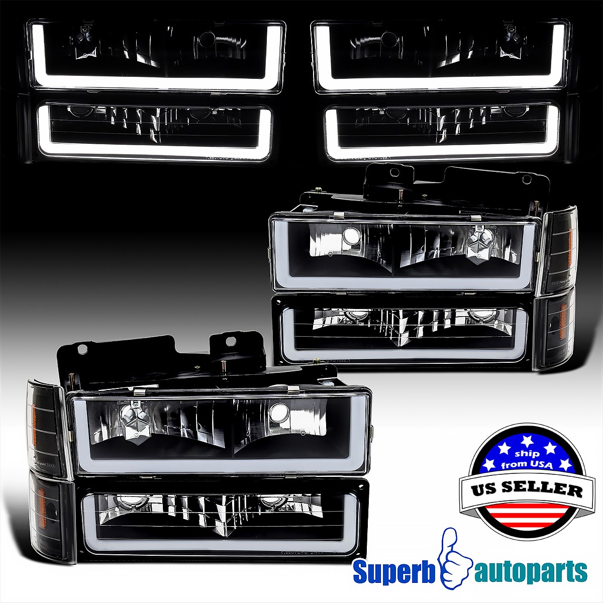 Fit 1994-1998 GMC C10 C/K 1500 2500 3500 Black Headlights Bumper Lamps LED Strip Fit 1994-1998 GMC C10 C/K 1500 2500 3500 Black Headlights Bumper Lamps LED Strip