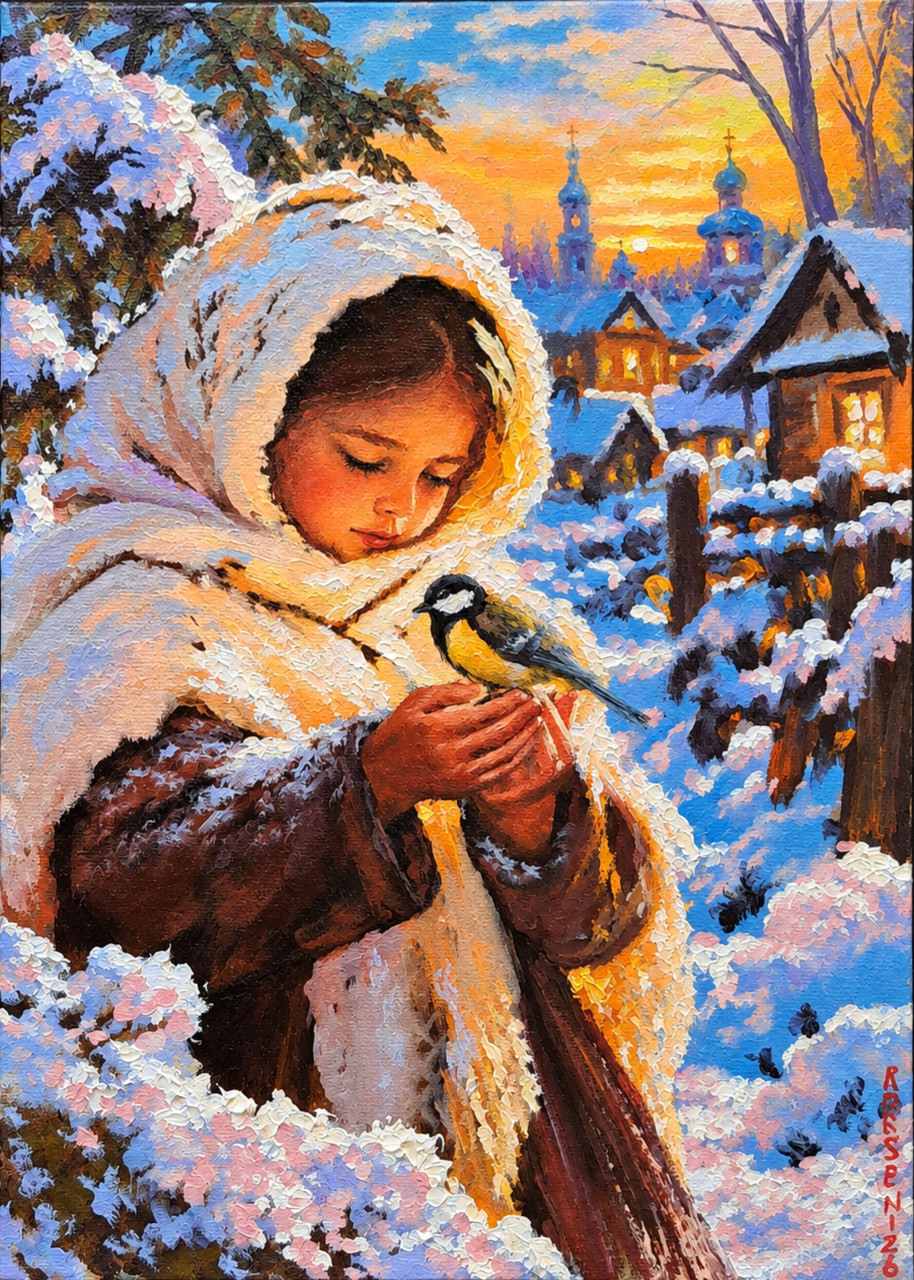 Original Oil Painting Girl with Bird Winter Village 11.8 x 8.3 in Victor Arseni