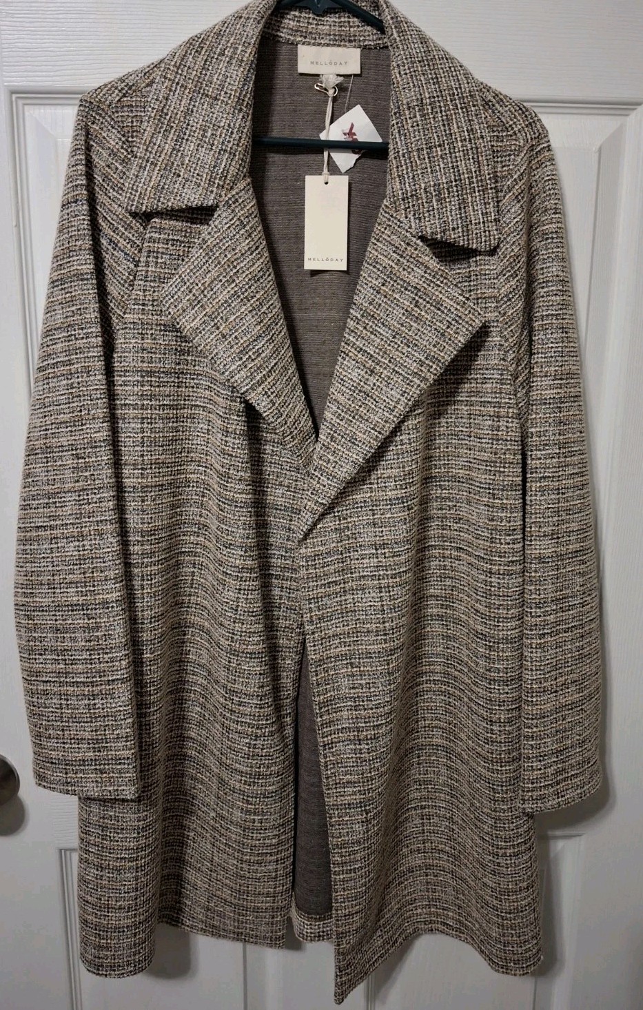 NWT Melloday Women’s Long Multi Browns & Metallic Tweed Open Sweater Jacket, XL