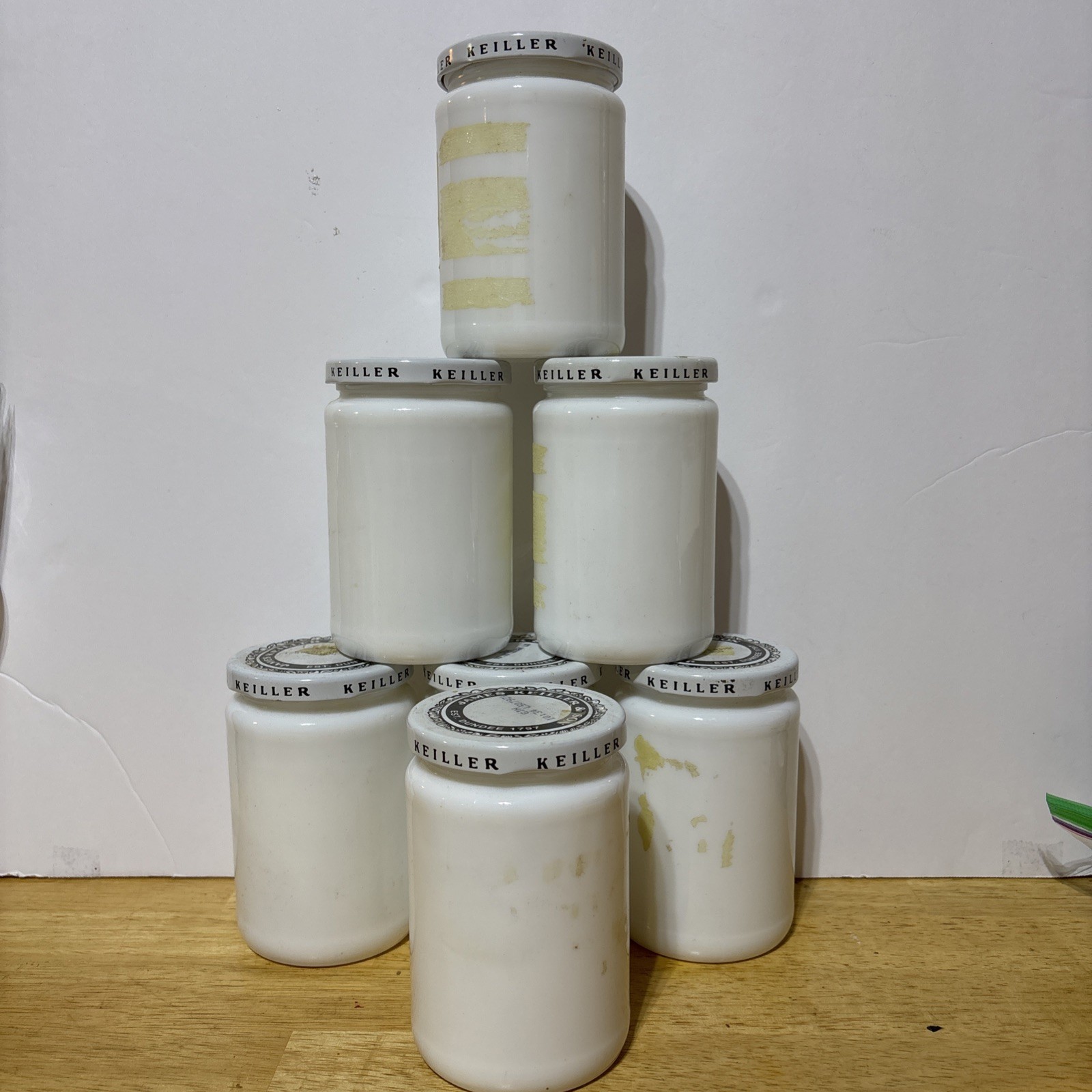 Lot Of 7 Vintage James Keiller & Son Dundee Marmalade Milk glass Jar Lidded Lot Of 7 Vintage James Keiller & Son Dundee Marmalade Milk glass Jar Lidded