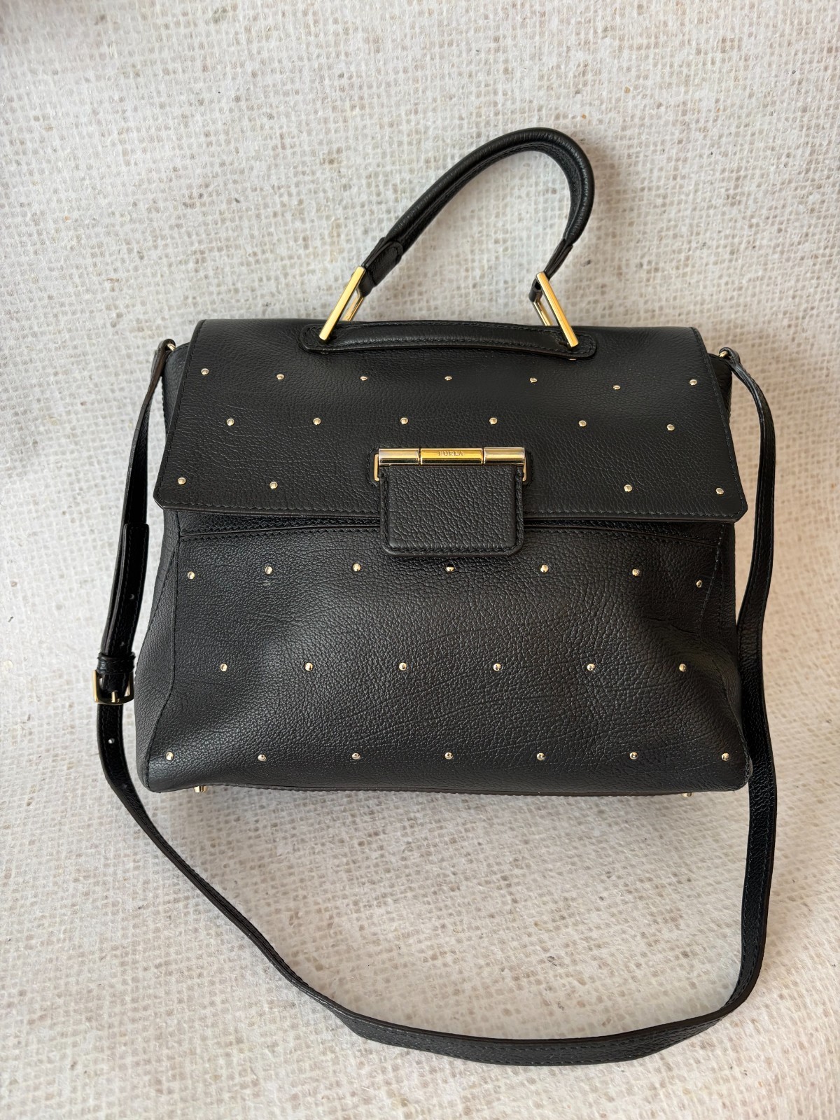 FURLA ARTESIA Cowhide Satchel Bag Grained Leather with gold studs FURLA ARTESIA Cowhide Satchel Bag Grained Leather with gold studs