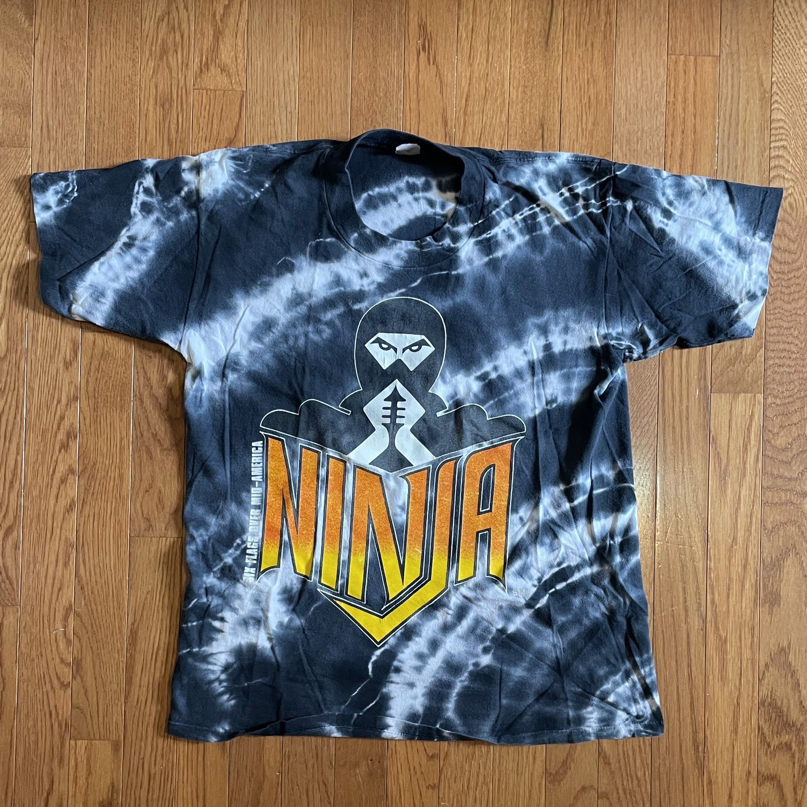 Vintage 90s Six Flags NINJA Rollercoaster Tee T-Shirt Black Tie-Dye M