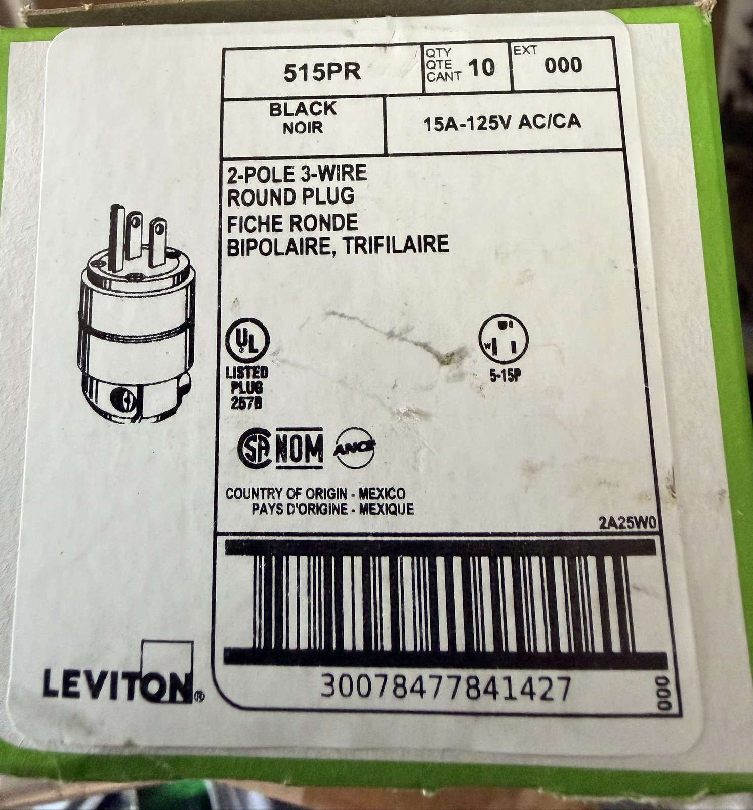 Leviton 515PR 15A 125V 2-Pole 3-Wire Black Round Plug NEMA 5-15P Leviton 515PR 15A 125V 2-Pole 3-Wire Black Round Plug NEMA 5-15P