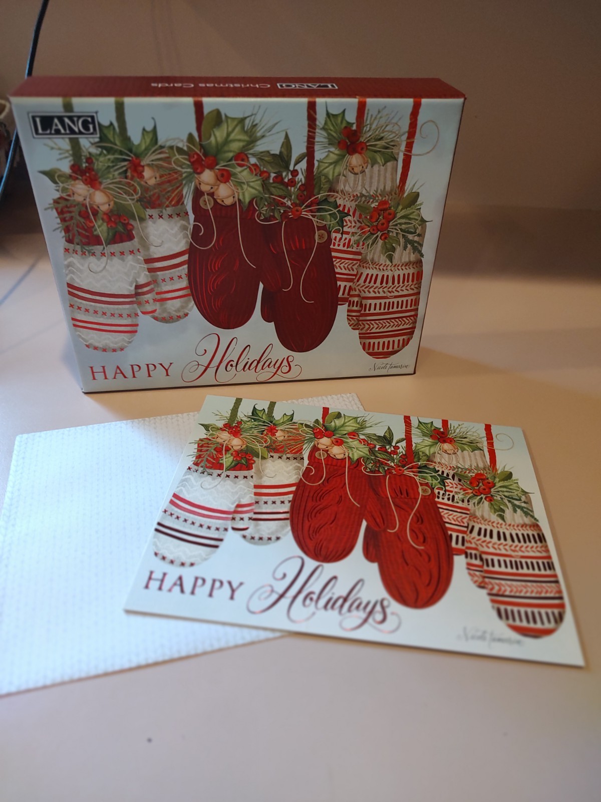 Lang ~ Snow and Cocoa Boxed Christmas Cards ~ Decorative Mittens ~ Linen ~ NEW