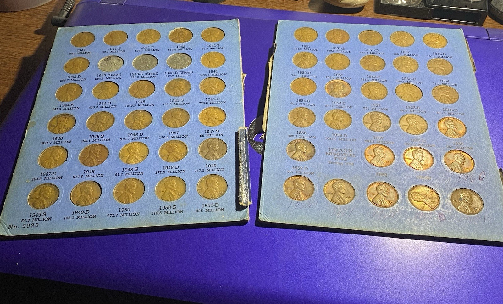 Vtg Lincoln Wheat Pennies 1941-1959 In Folder. Complete Set Of 53. (Torn Folder) Vtg Lincoln Wheat Pennies 1941-1959 In Folder. Complete Set Of 53. (Torn Folder)
