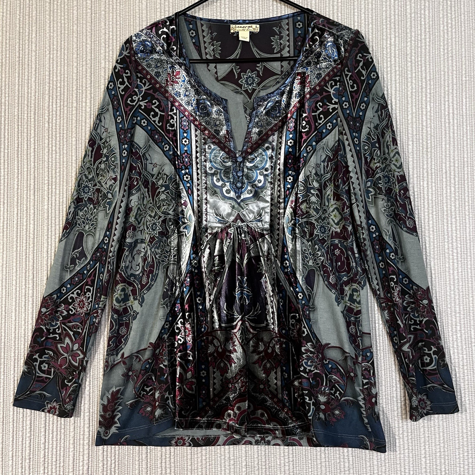 World Wear Energe Top Teal Burgundy Velvet Trim Womens Sz Large Long Sleeve World Wear Energe Top Teal Burgundy Velvet Trim Womens Sz Large Long Sleeve
