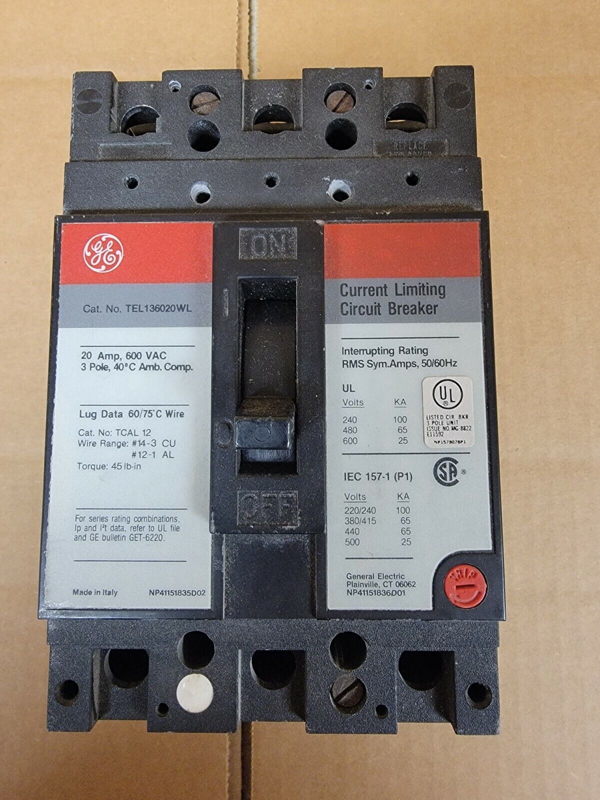 GE General Electric TEL136020WL 20A 600V 3 Pole Current Limiting Circuit Breaker