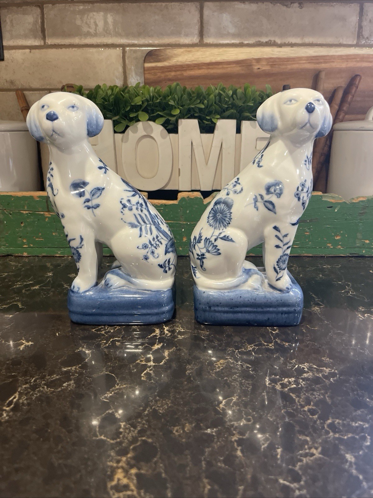 Vintage 1895 Signed Wong Lee scully & scully Blue & White Floral porcelain dogs 
