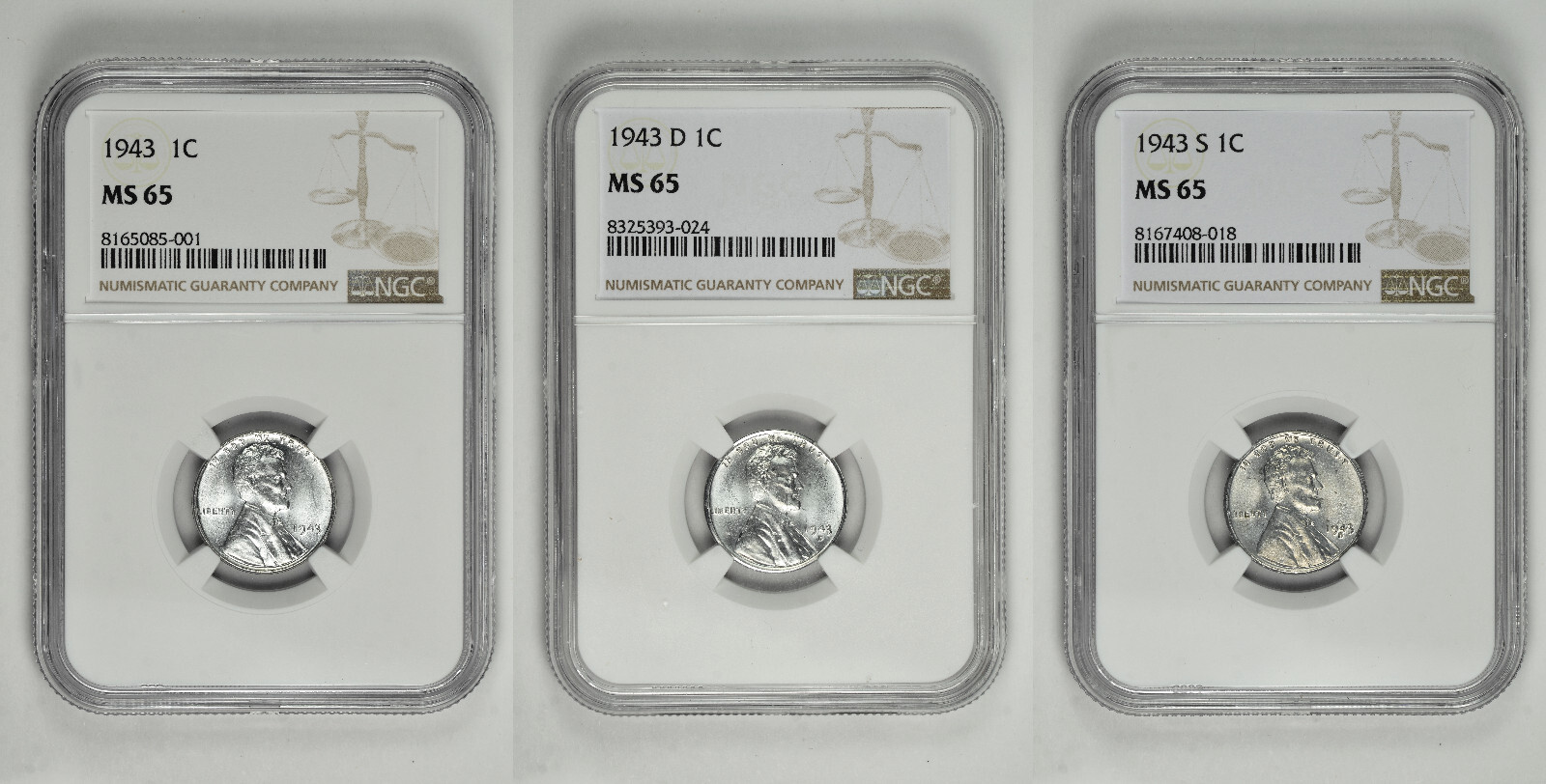1943 P D S 1c Lincoln Steel Wheat Cent NGC Graded MS 65 Three Coin Lot