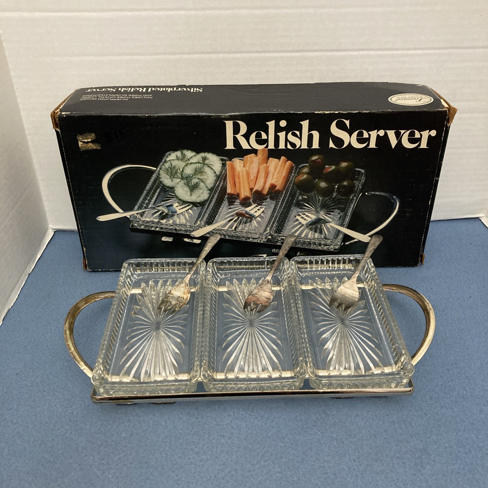 VTG Leonard Silver MFG Silverplated Relish Server w/3 Crystal Liners & 3 Forks