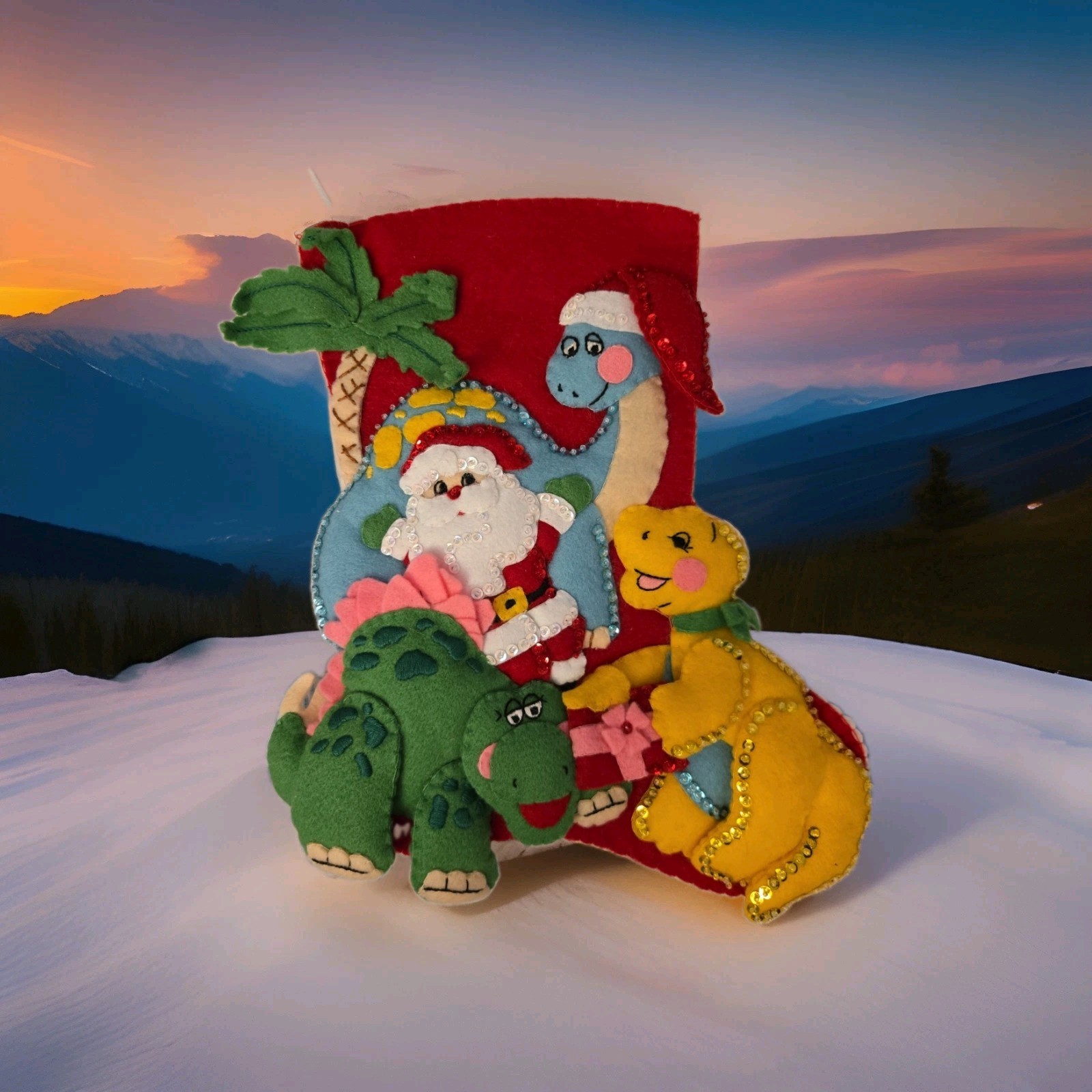 Bucilla Santa Dinosaurs Palm Tree Felt Applique Christmas Stocking Vintage Rare Bucilla Santa Dinosaurs Palm Tree Felt Applique Christmas Stocking Vintage Rare