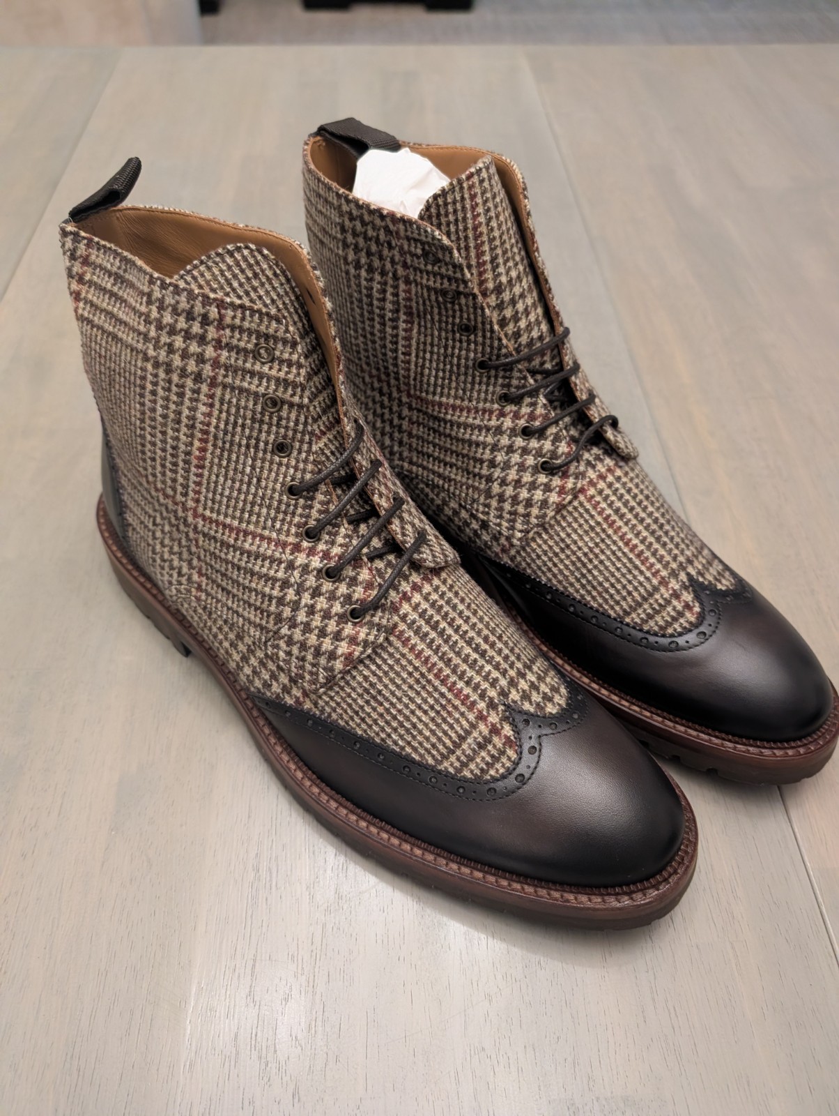 Brand New TAFT Livingston Boots in Plaid And Dark Brown Leather  Size 12