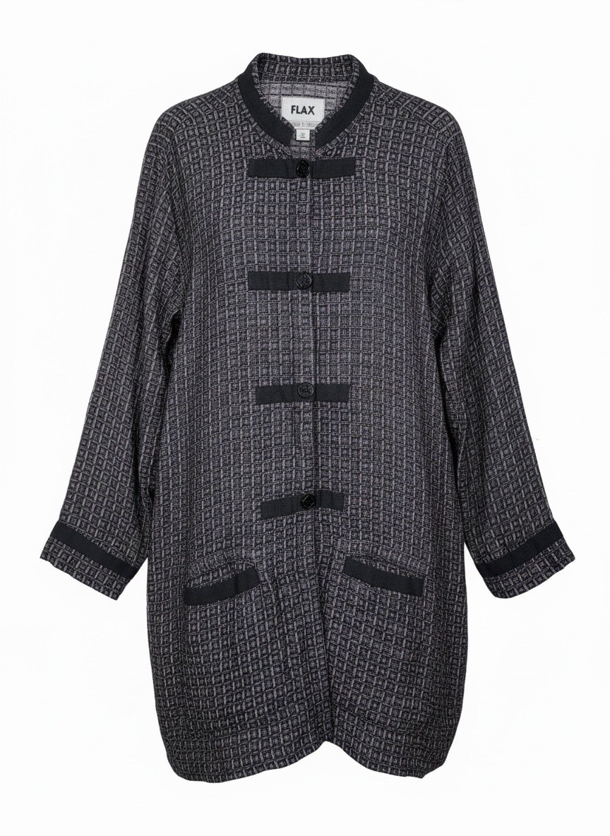 FLAX Linen Large Relaxed Fit Lagenlook Black Grid Pattern Jacket Mandarin Collar FLAX Linen Large Relaxed Fit Lagenlook Black Grid Pattern Jacket Mandarin Collar