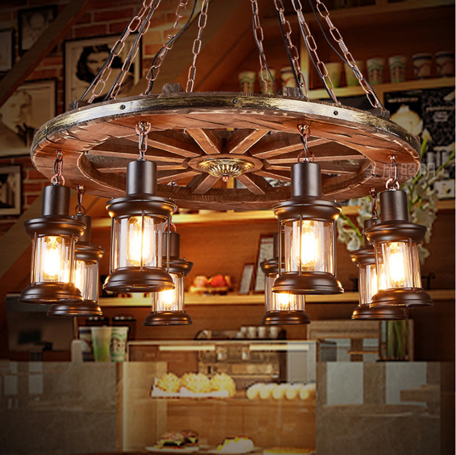 8 Heads Chandelier Industrial Ceiling Lamp Rustic Wood Hanging Pendant Light