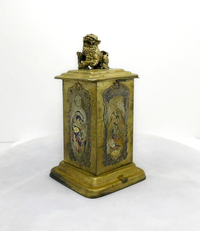 Vintage Tibetan Brass Container Detailed Engraved Painted Panels Foo Dog Top Vintage Tibetan Brass Container Detailed Engraved Painted Panels Foo Dog Top