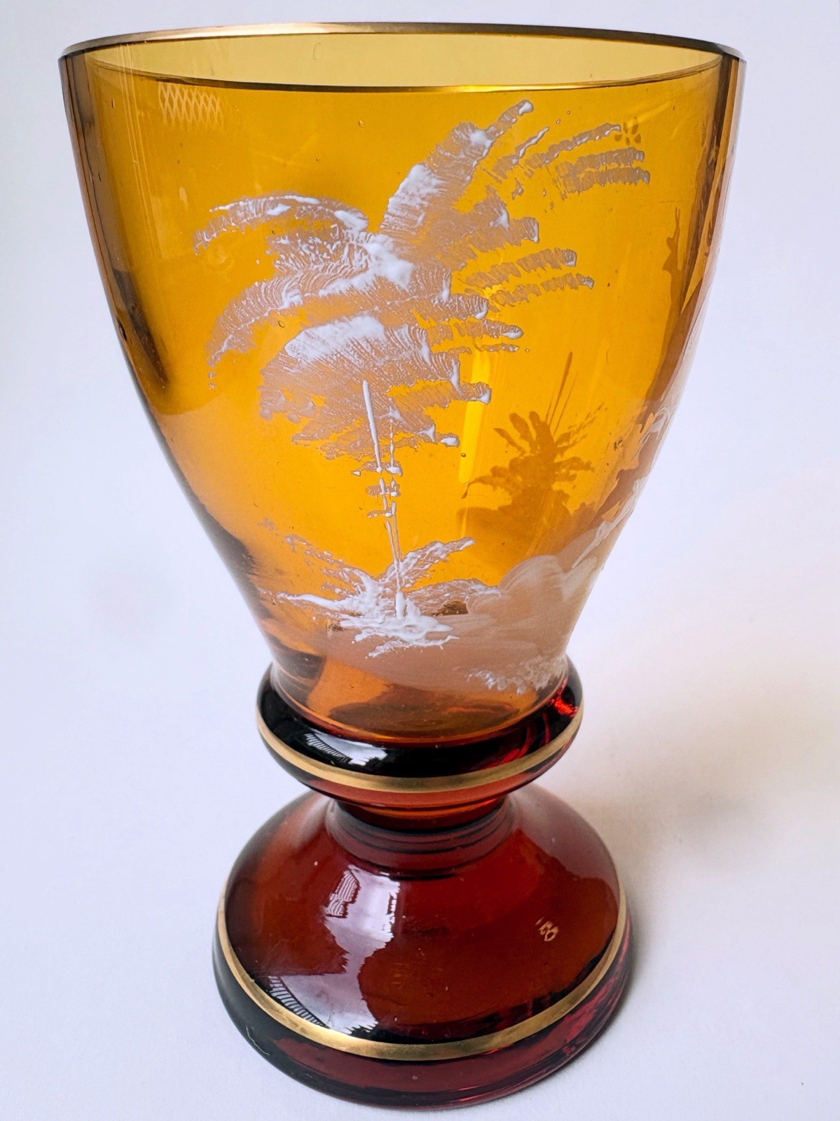 ANTIQUE Bohemian Mary Gregory Amber Glass Goblet, 1890s Hand Painted